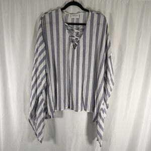 Emelia Blouse Women's Large Blue White Striped Lightweight Flowy V-Neck